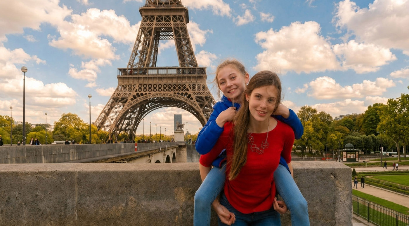 Two young girls in front of the Eiffel Tower in Paris.