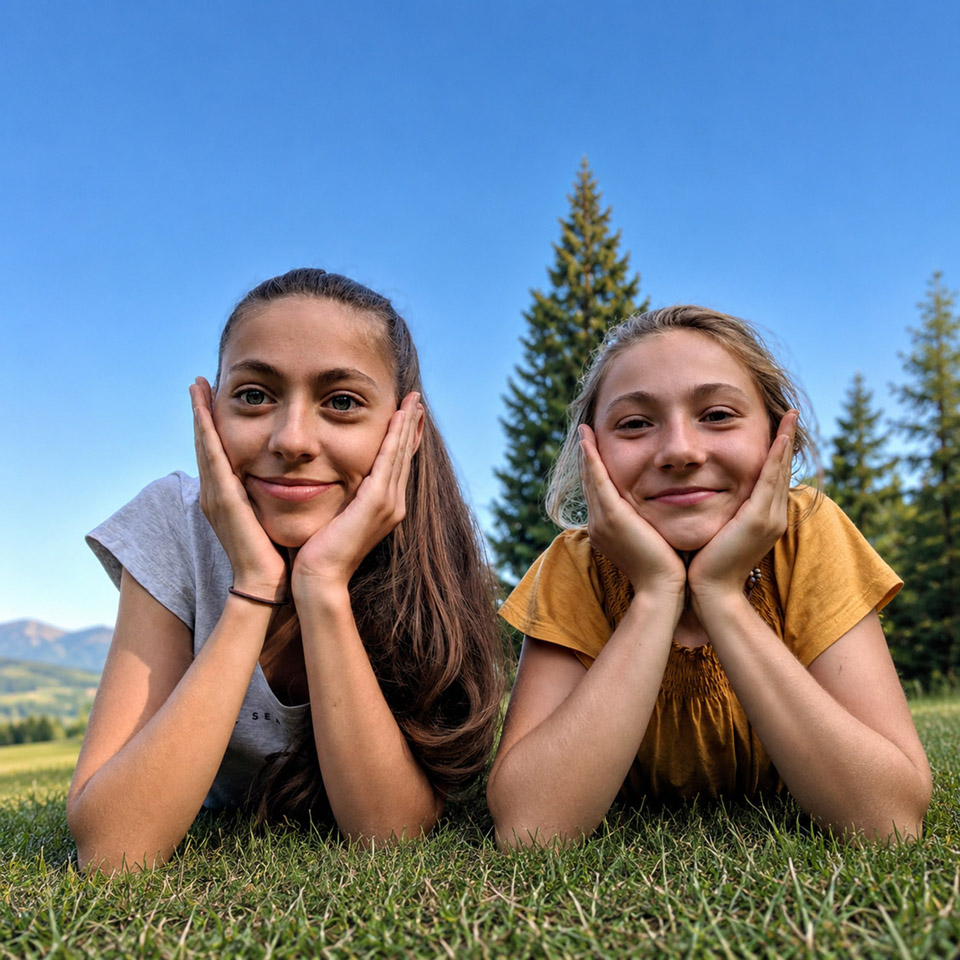 Two girls on an En Famille International exchange, smiling together outdoors